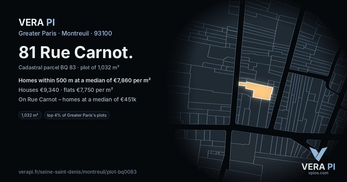 81 Rue Carnot, Montreuil at night – the plot lit, the parcels around coloured by the prices near them
