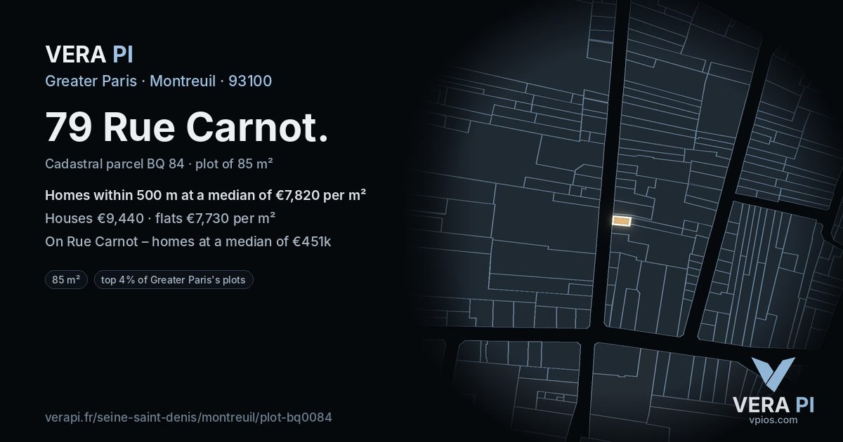 79 Rue Carnot, Montreuil at night – the plot lit, the parcels around coloured by the prices near them