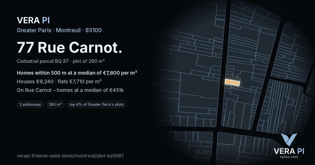 77 Rue Carnot, Montreuil at night – the plot lit, the parcels around coloured by the prices near them