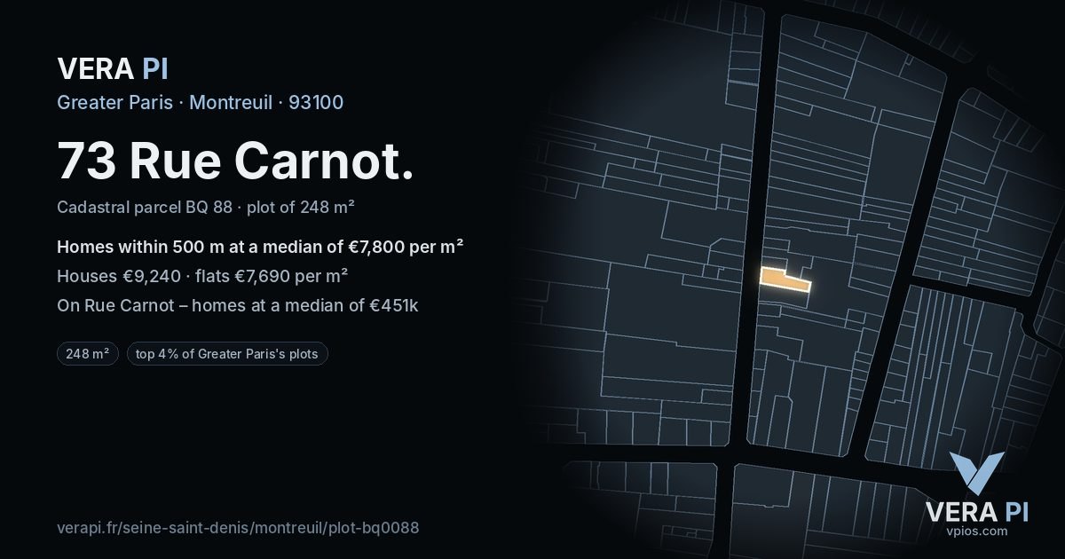 73 Rue Carnot, Montreuil at night – the plot lit, the parcels around coloured by the prices near them