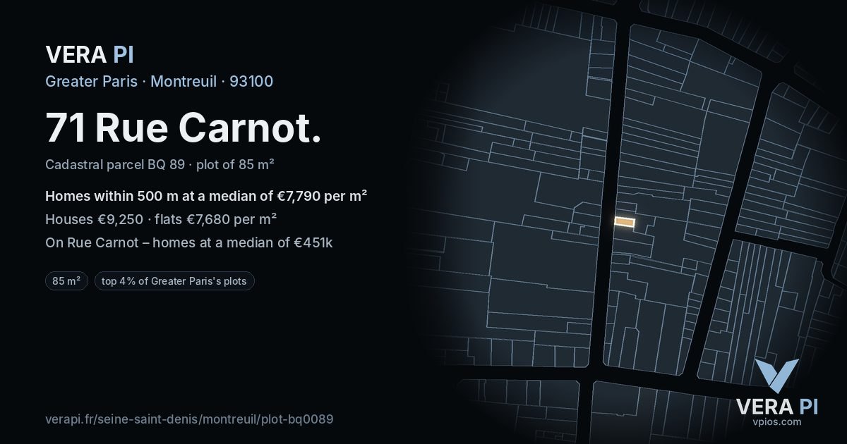 71 Rue Carnot, Montreuil at night – the plot lit, the parcels around coloured by the prices near them