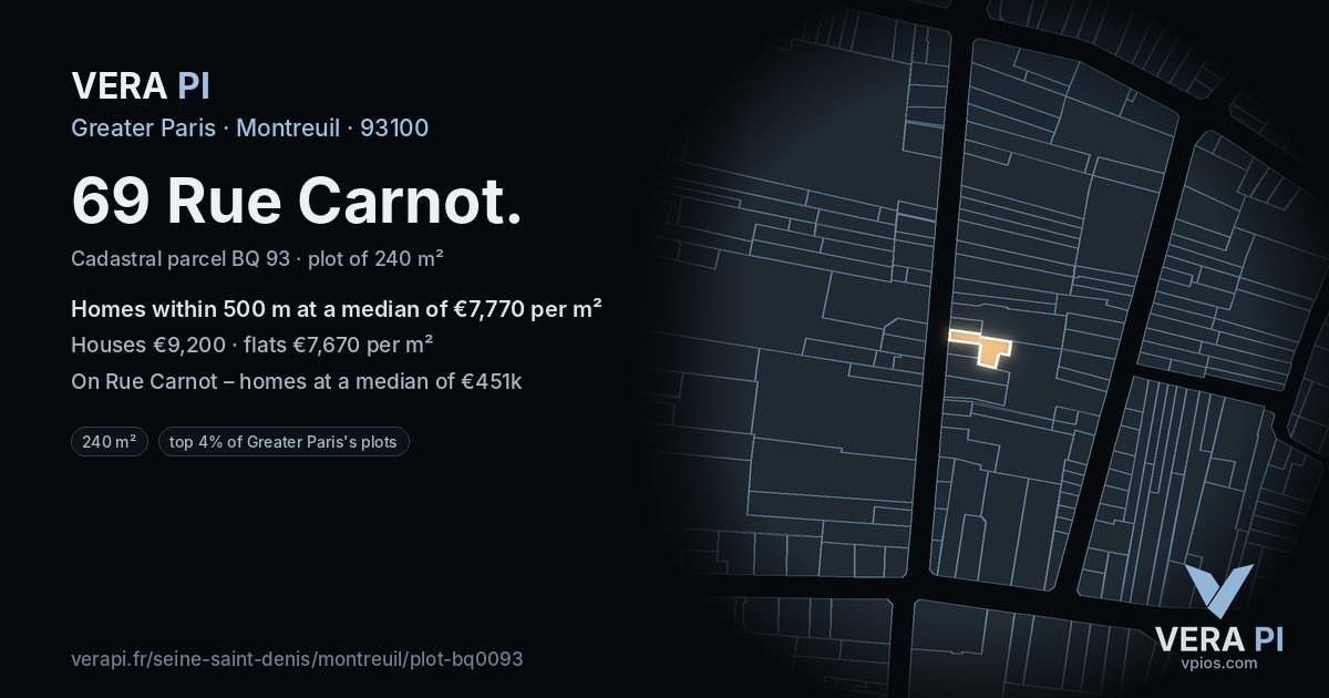69 Rue Carnot, Montreuil at night – the plot lit, the parcels around coloured by the prices near them