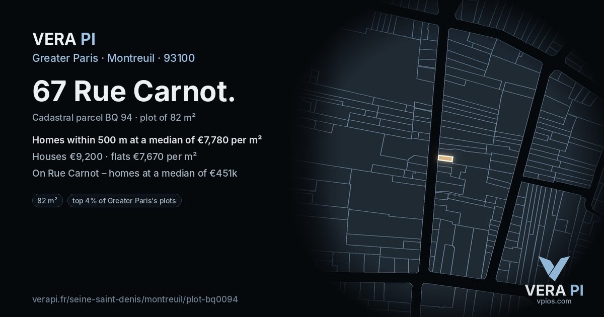 67 Rue Carnot, Montreuil at night – the plot lit, the parcels around coloured by the prices near them
