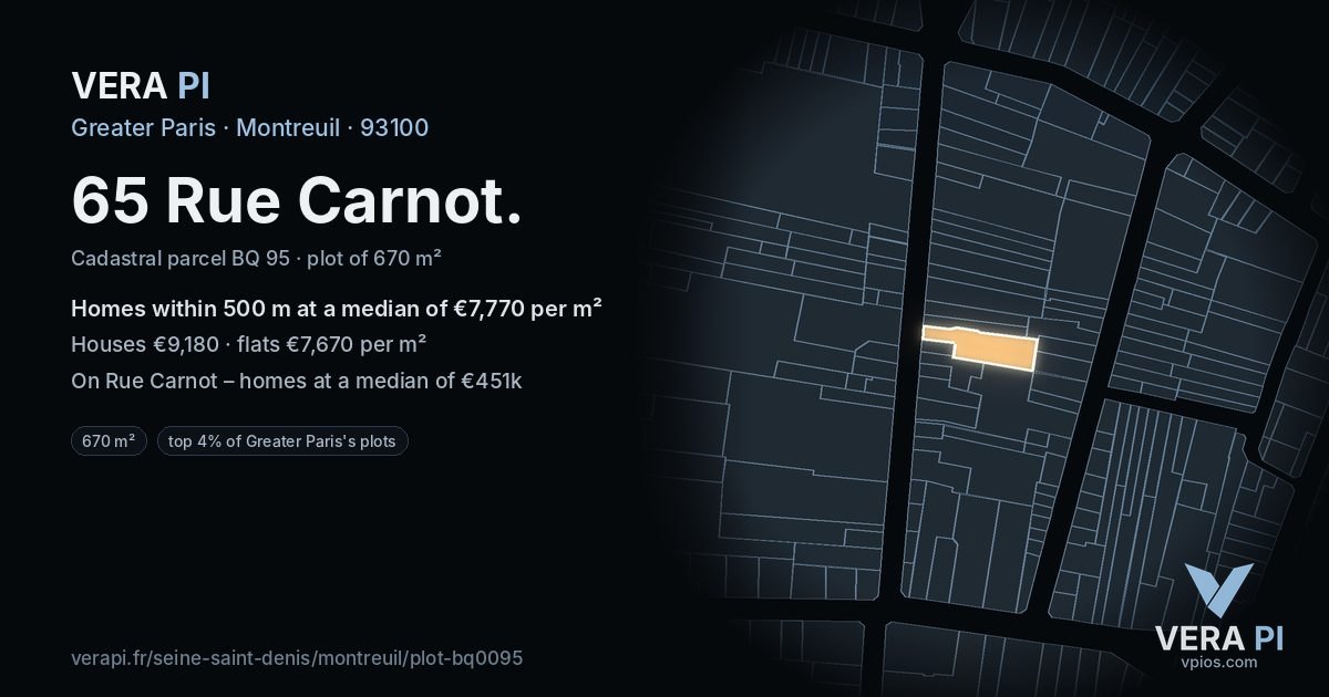 65 Rue Carnot, Montreuil at night – the plot lit, the parcels around coloured by the prices near them