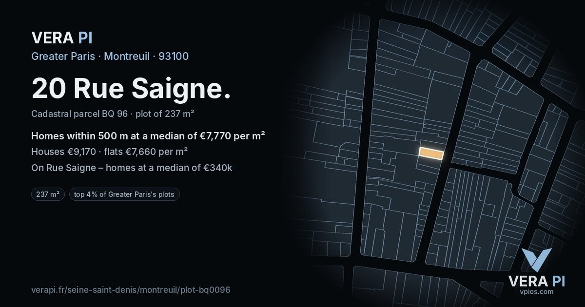 20 Rue Saigne, Montreuil at night – the plot lit, the parcels around coloured by the prices near them