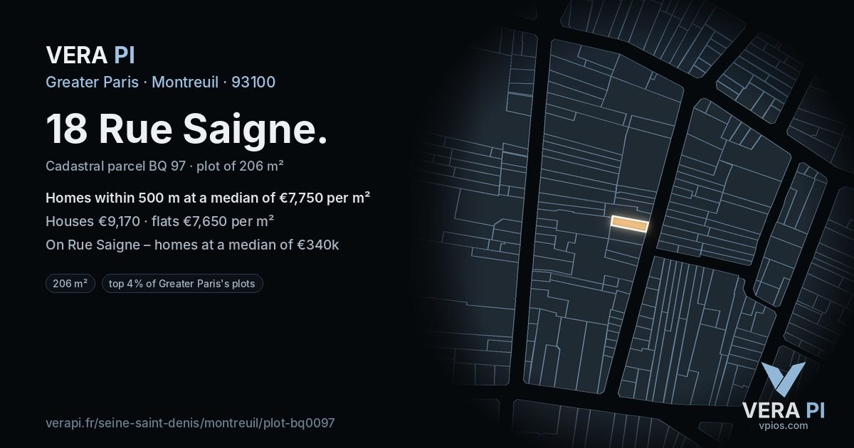 18 Rue Saigne, Montreuil at night – the plot lit, the parcels around coloured by the prices near them