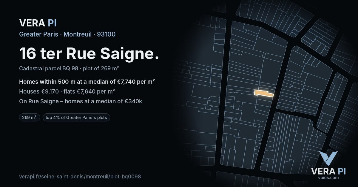 16 ter Rue Saigne, Montreuil at night – the plot lit, the parcels around coloured by the prices near them