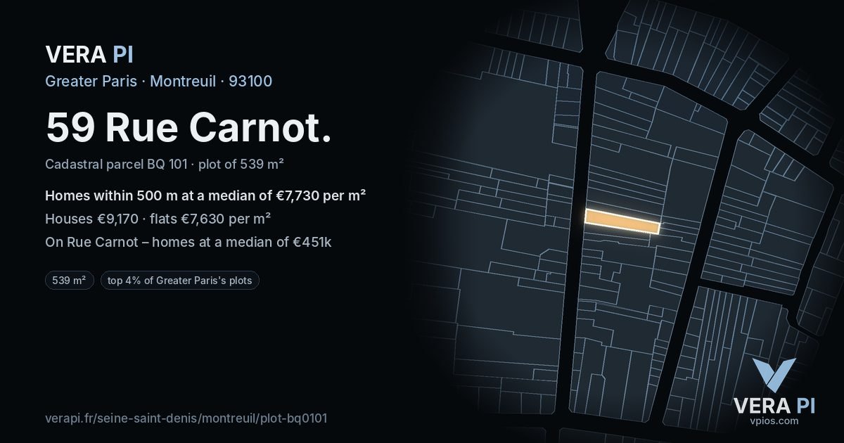 59 Rue Carnot, Montreuil at night – the plot lit, the parcels around coloured by the prices near them