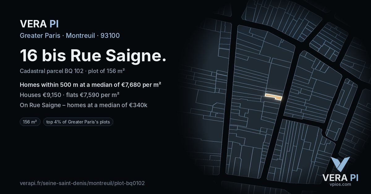16 bis Rue Saigne, Montreuil at night – the plot lit, the parcels around coloured by the prices near them