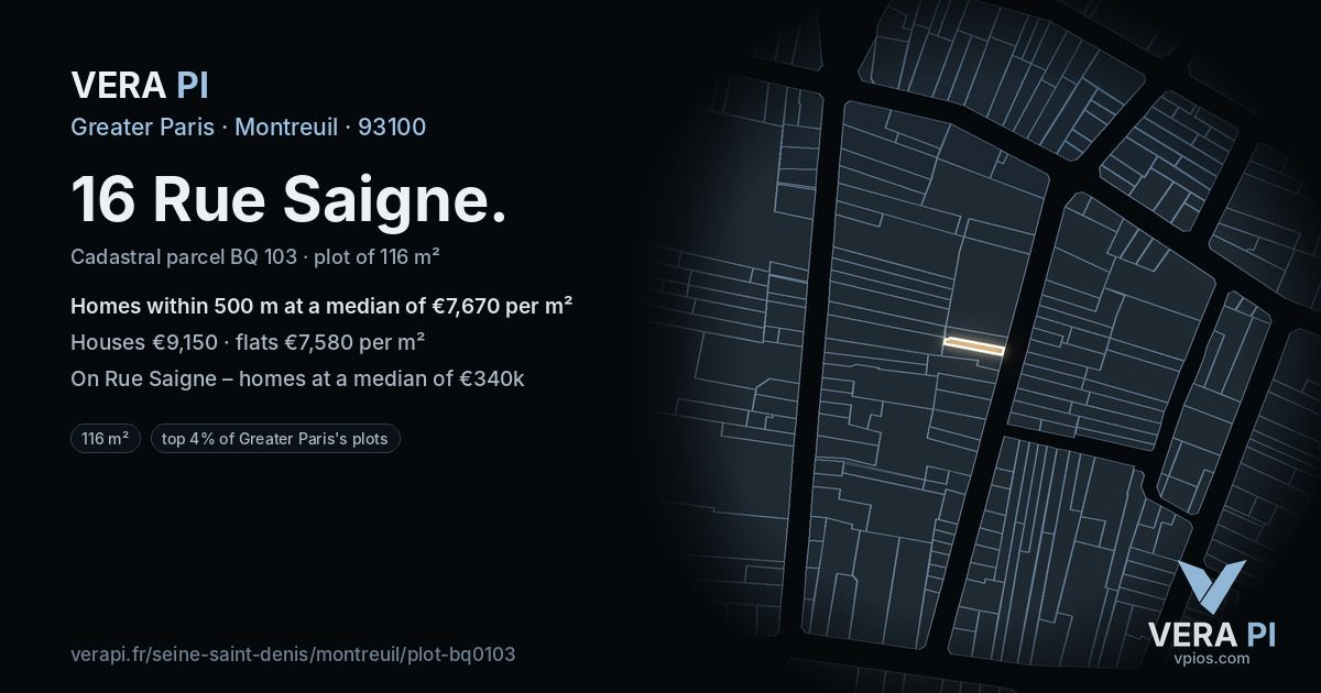 16 Rue Saigne, Montreuil at night – the plot lit, the parcels around coloured by the prices near them