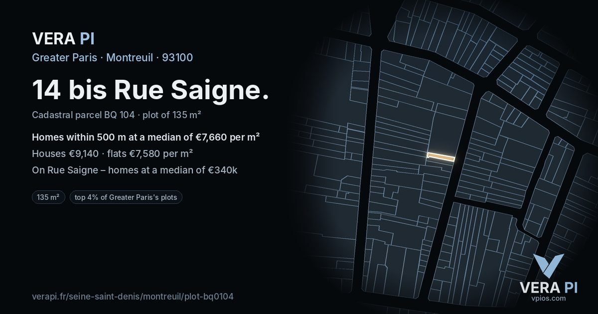 14 bis Rue Saigne, Montreuil at night – the plot lit, the parcels around coloured by the prices near them