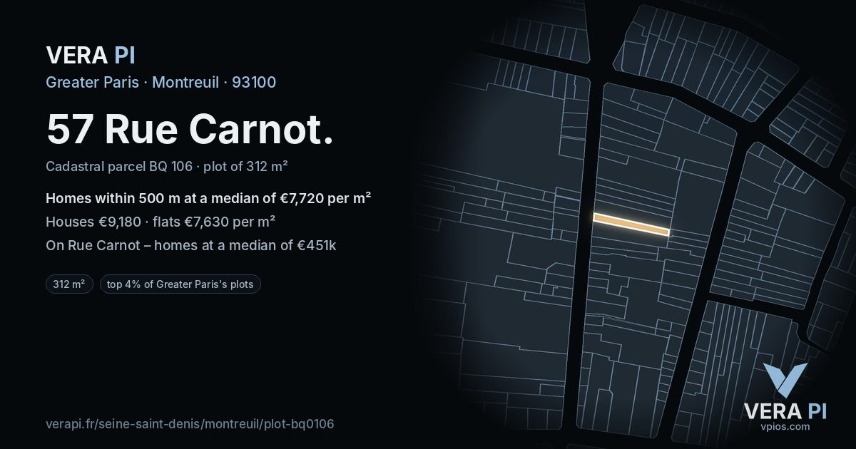 57 Rue Carnot, Montreuil at night – the plot lit, the parcels around coloured by the prices near them