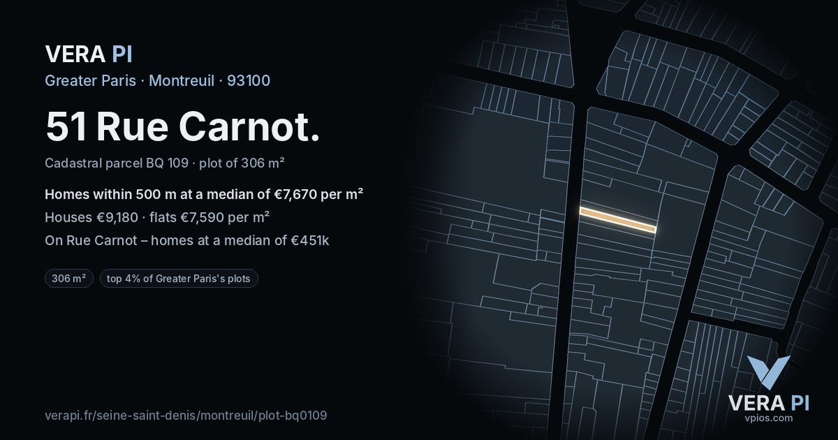 51 Rue Carnot, Montreuil at night – the plot lit, the parcels around coloured by the prices near them