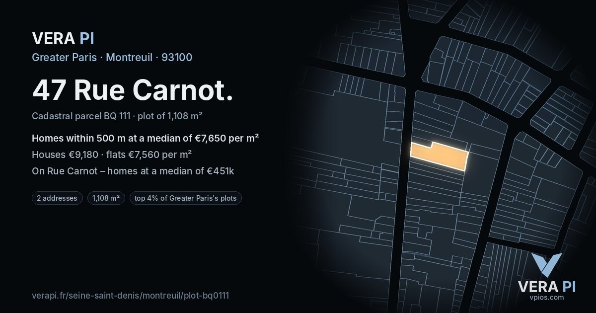 47 Rue Carnot, Montreuil at night – the plot lit, the parcels around coloured by the prices near them