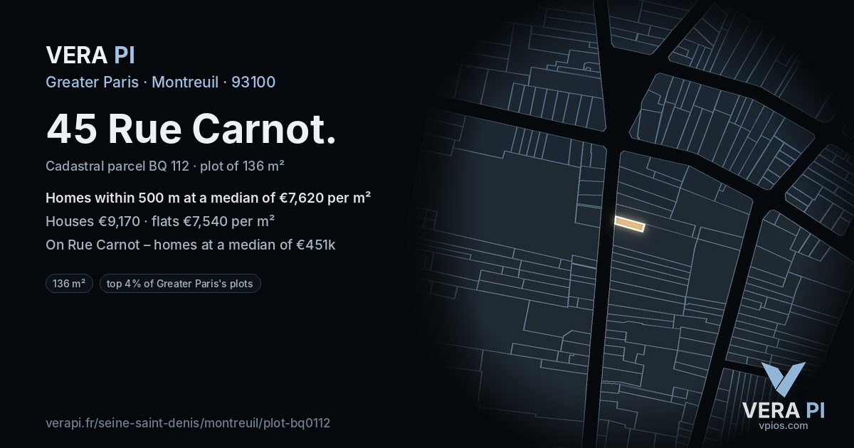 45 Rue Carnot, Montreuil at night – the plot lit, the parcels around coloured by the prices near them