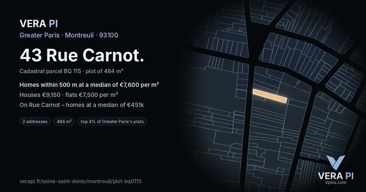 43 Rue Carnot, Montreuil at night – the plot lit, the parcels around coloured by the prices near them