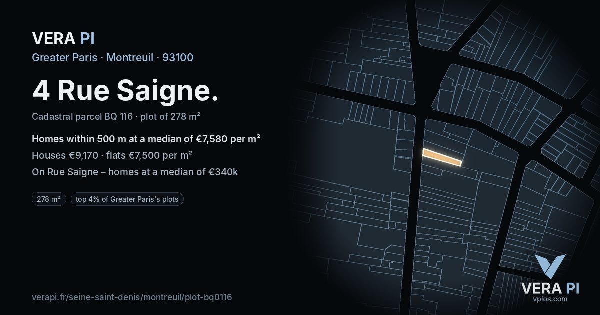 4 Rue Saigne, Montreuil at night – the plot lit, the parcels around coloured by the prices near them