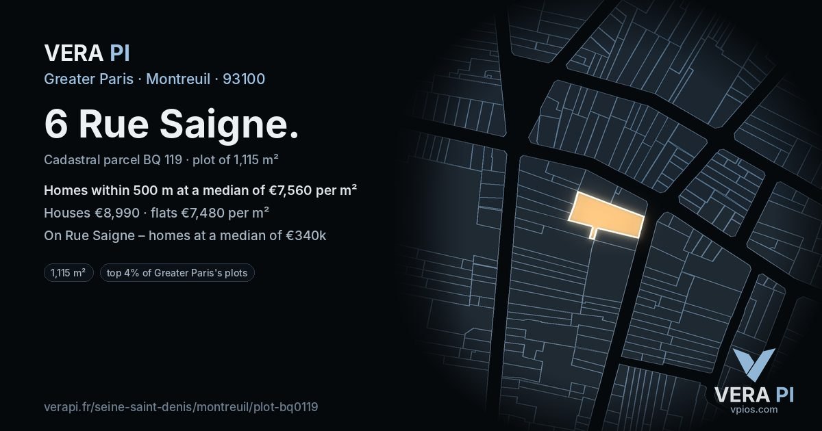 6 Rue Saigne, Montreuil at night – the plot lit, the parcels around coloured by the prices near them