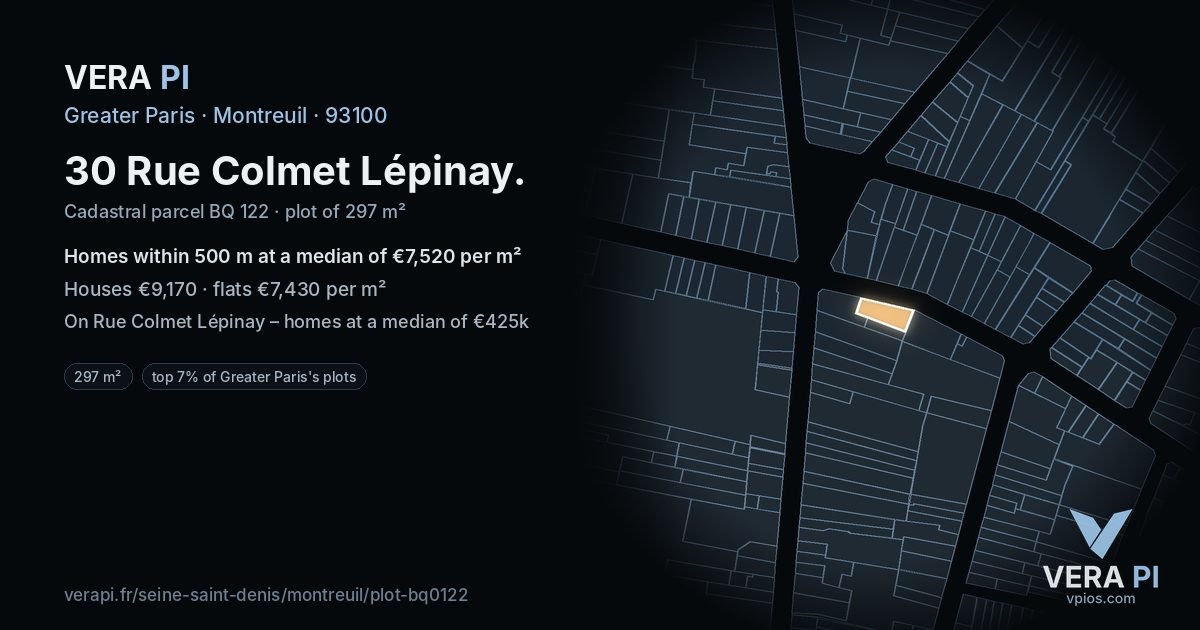 30 Rue Colmet Lépinay, Montreuil at night – the plot lit, the parcels around coloured by the prices near them