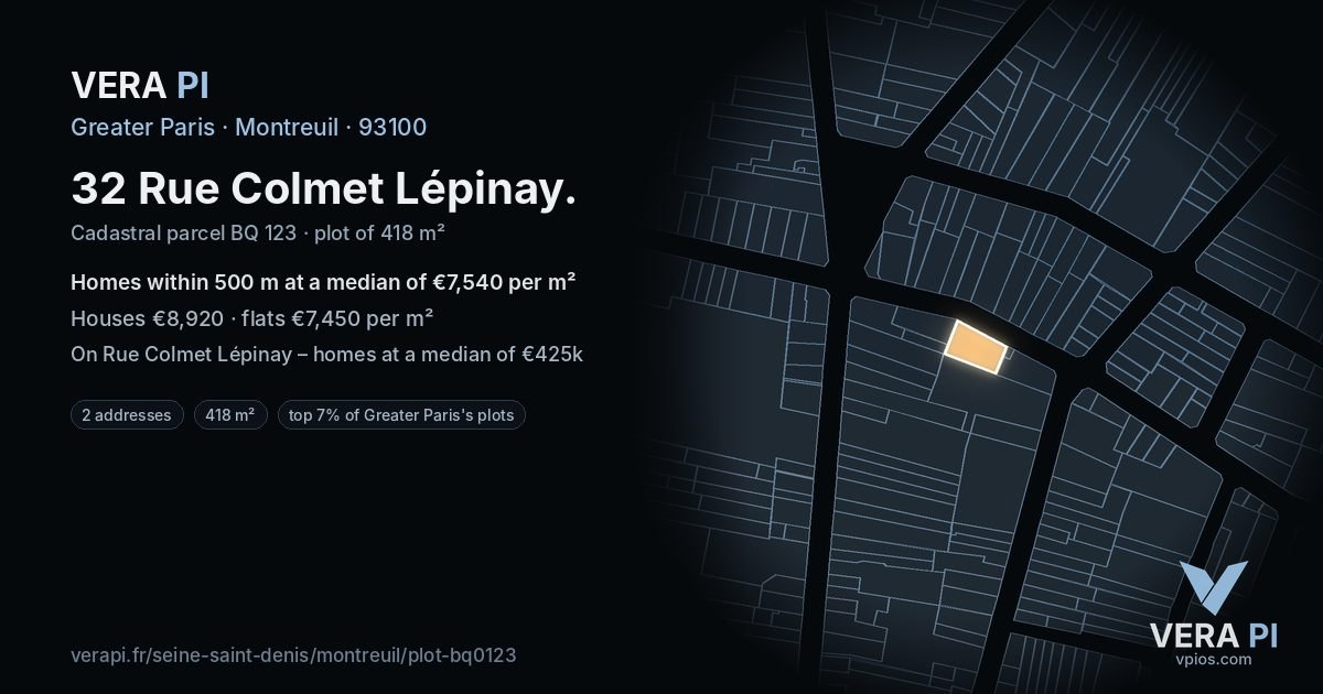 32 Rue Colmet Lépinay, Montreuil at night – the plot lit, the parcels around coloured by the prices near them
