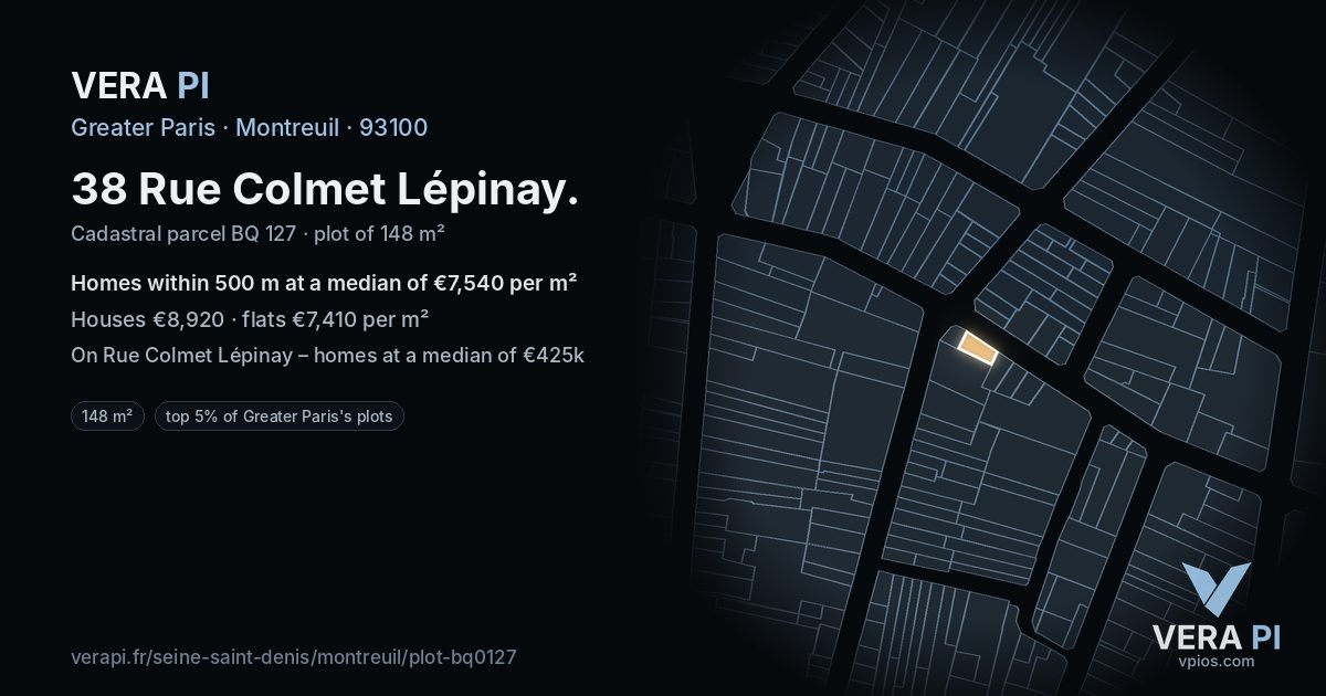 38 Rue Colmet Lépinay, Montreuil at night – the plot lit, the parcels around coloured by the prices near them