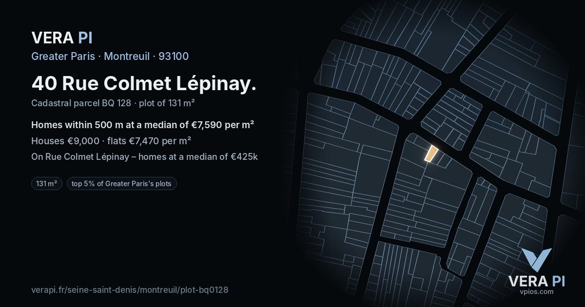40 Rue Colmet Lépinay, Montreuil at night – the plot lit, the parcels around coloured by the prices near them