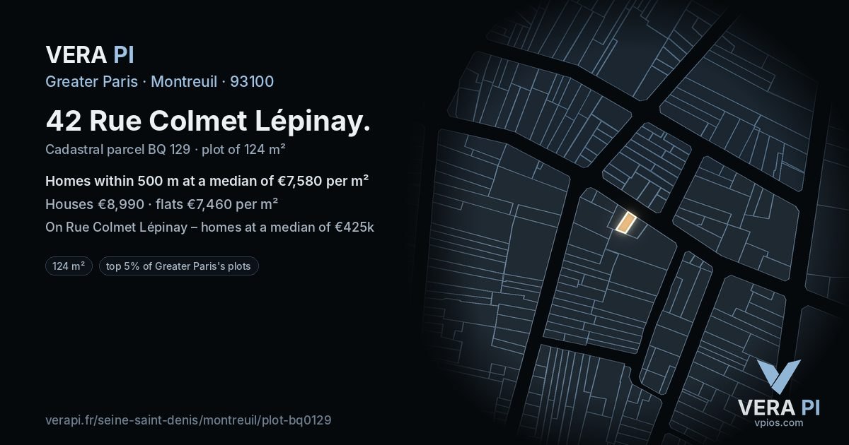42 Rue Colmet Lépinay, Montreuil at night – the plot lit, the parcels around coloured by the prices near them