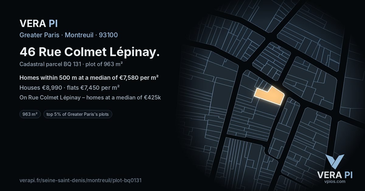 46 Rue Colmet Lépinay, Montreuil at night – the plot lit, the parcels around coloured by the prices near them