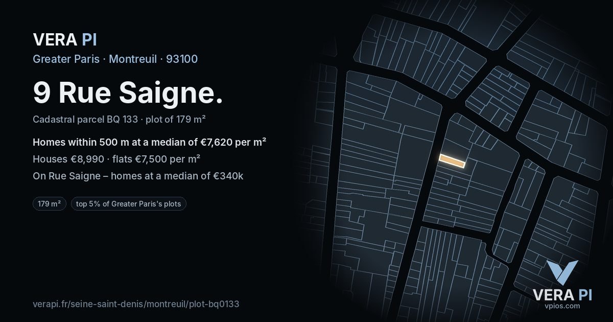 9 Rue Saigne, Montreuil at night – the plot lit, the parcels around coloured by the prices near them
