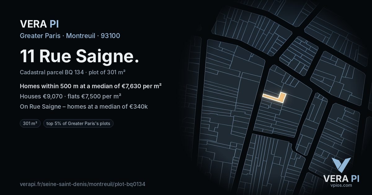 11 Rue Saigne, Montreuil at night – the plot lit, the parcels around coloured by the prices near them