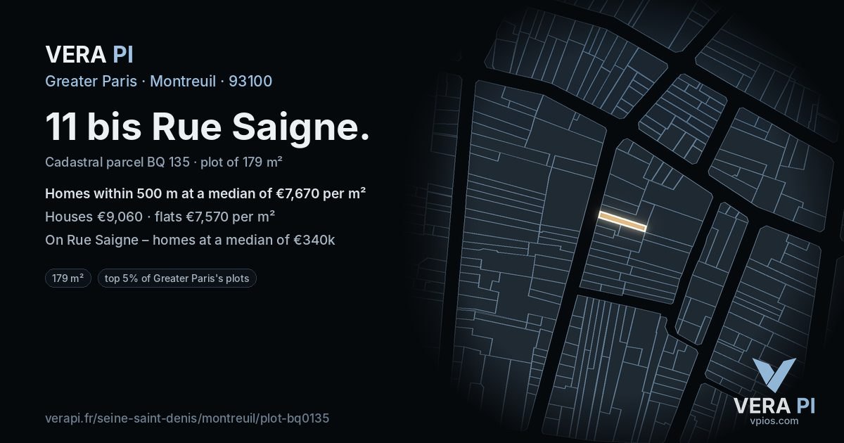 11 bis Rue Saigne, Montreuil at night – the plot lit, the parcels around coloured by the prices near them
