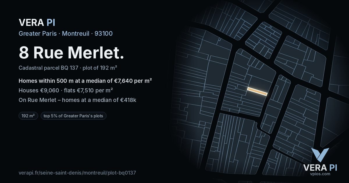 8 Rue Merlet, Montreuil at night – the plot lit, the parcels around coloured by the prices near them