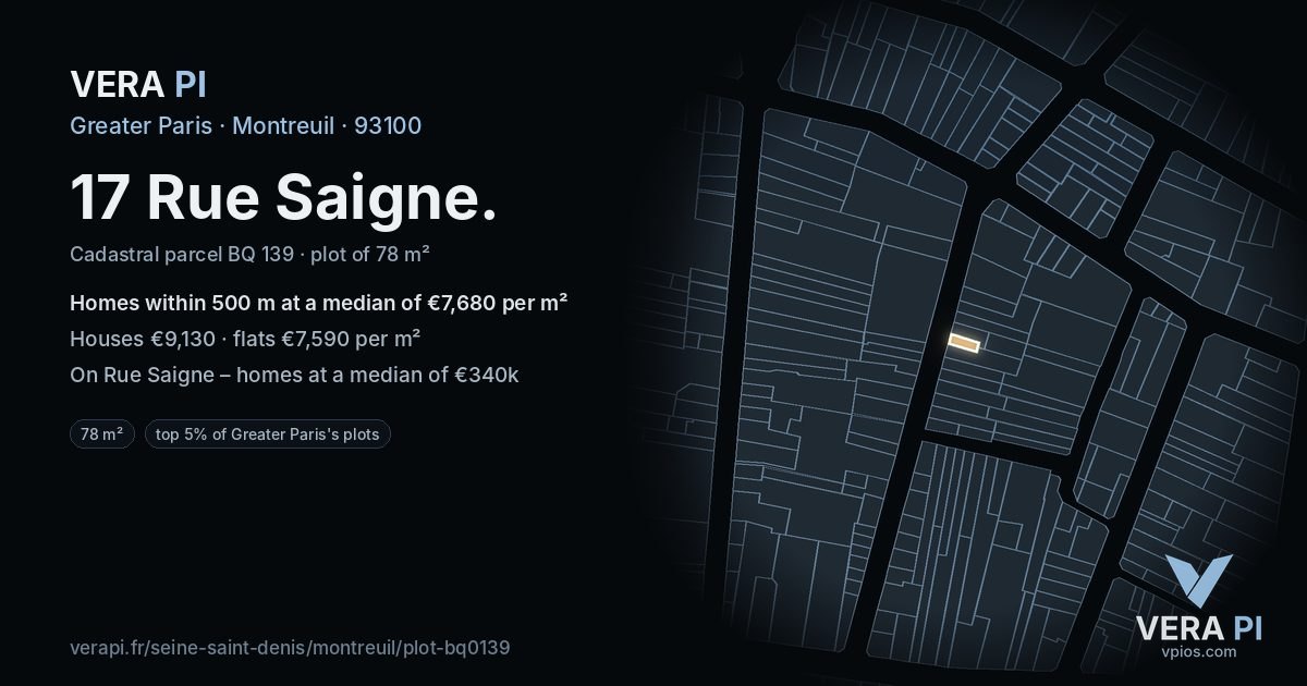 17 Rue Saigne, Montreuil at night – the plot lit, the parcels around coloured by the prices near them