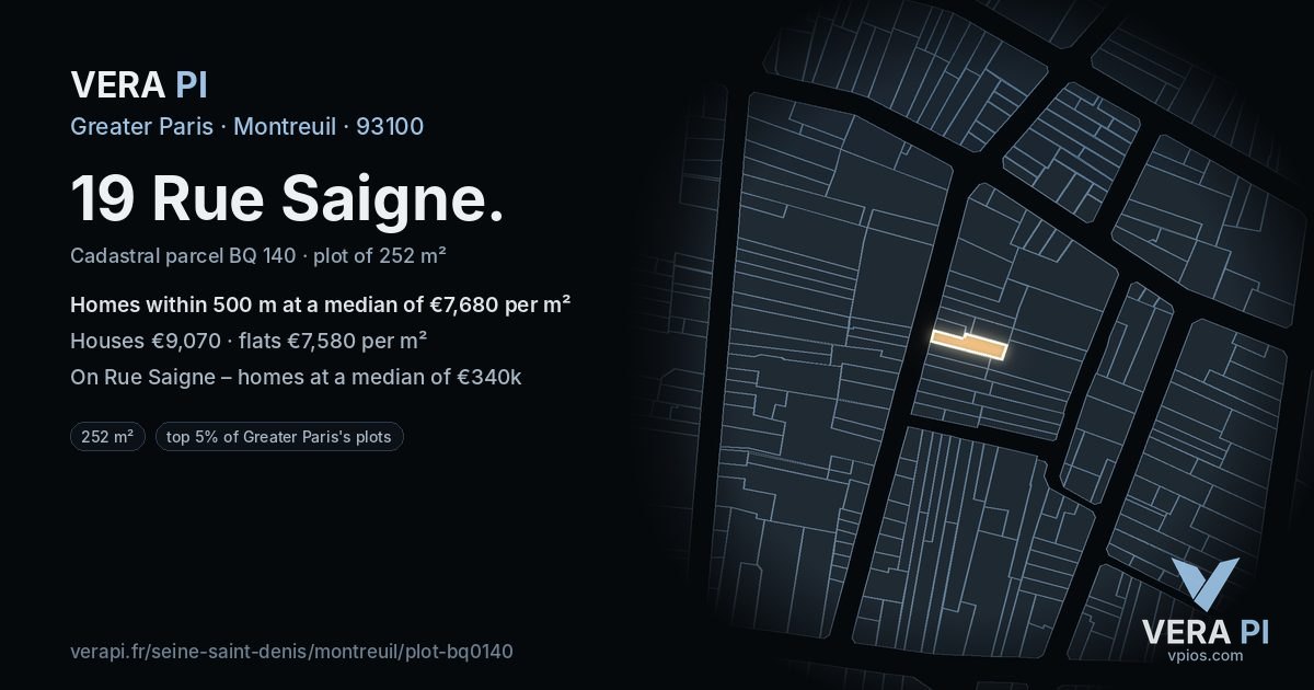 19 Rue Saigne, Montreuil at night – the plot lit, the parcels around coloured by the prices near them