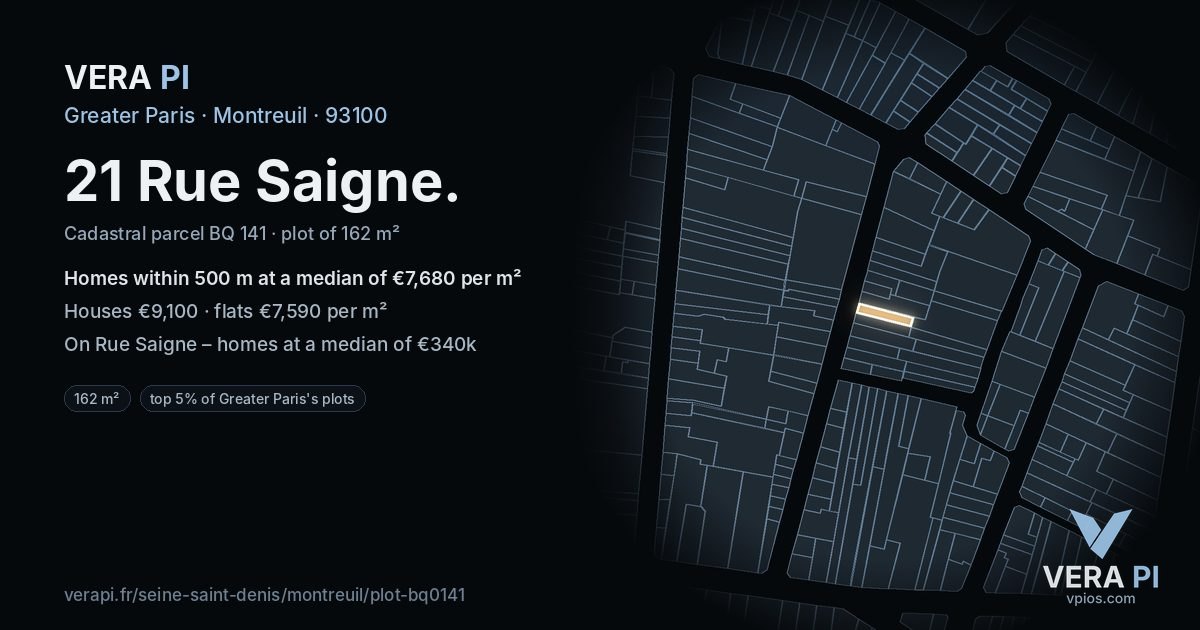 21 Rue Saigne, Montreuil at night – the plot lit, the parcels around coloured by the prices near them