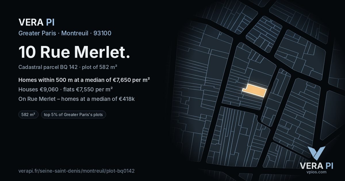 10 Rue Merlet, Montreuil at night – the plot lit, the parcels around coloured by the prices near them