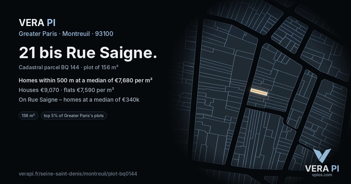 21 bis Rue Saigne, Montreuil at night – the plot lit, the parcels around coloured by the prices near them