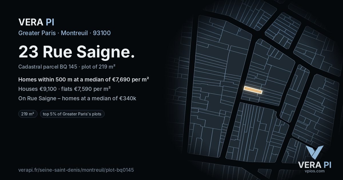 23 Rue Saigne, Montreuil at night – the plot lit, the parcels around coloured by the prices near them