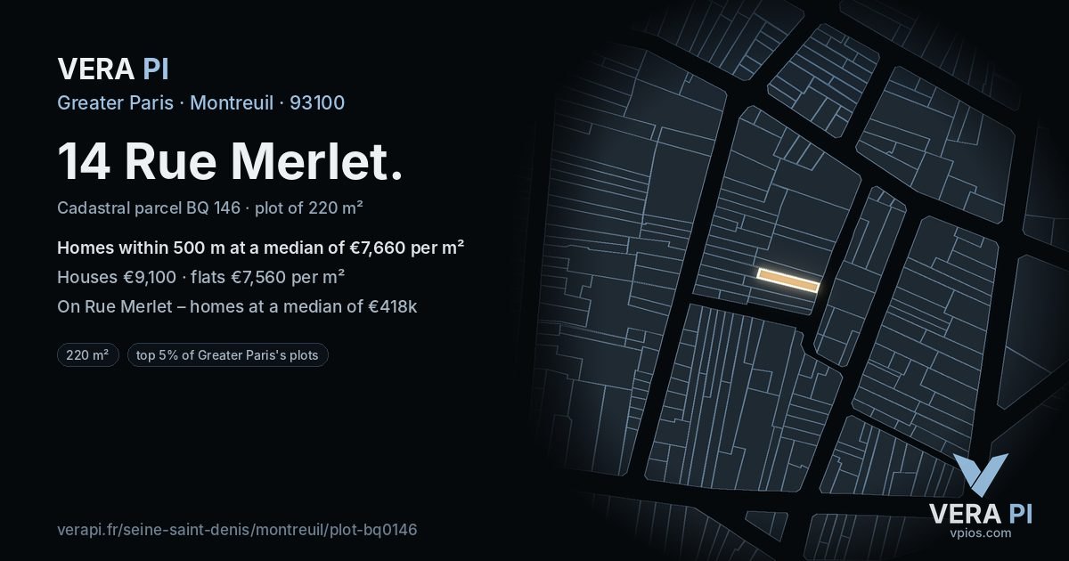 14 Rue Merlet, Montreuil at night – the plot lit, the parcels around coloured by the prices near them