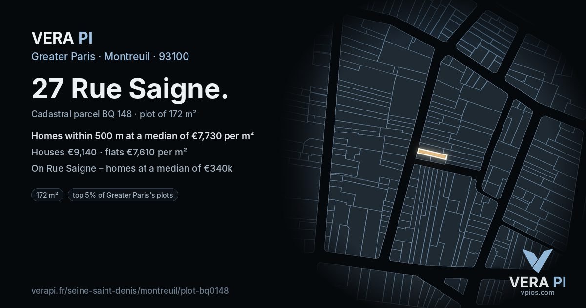 27 Rue Saigne, Montreuil at night – the plot lit, the parcels around coloured by the prices near them