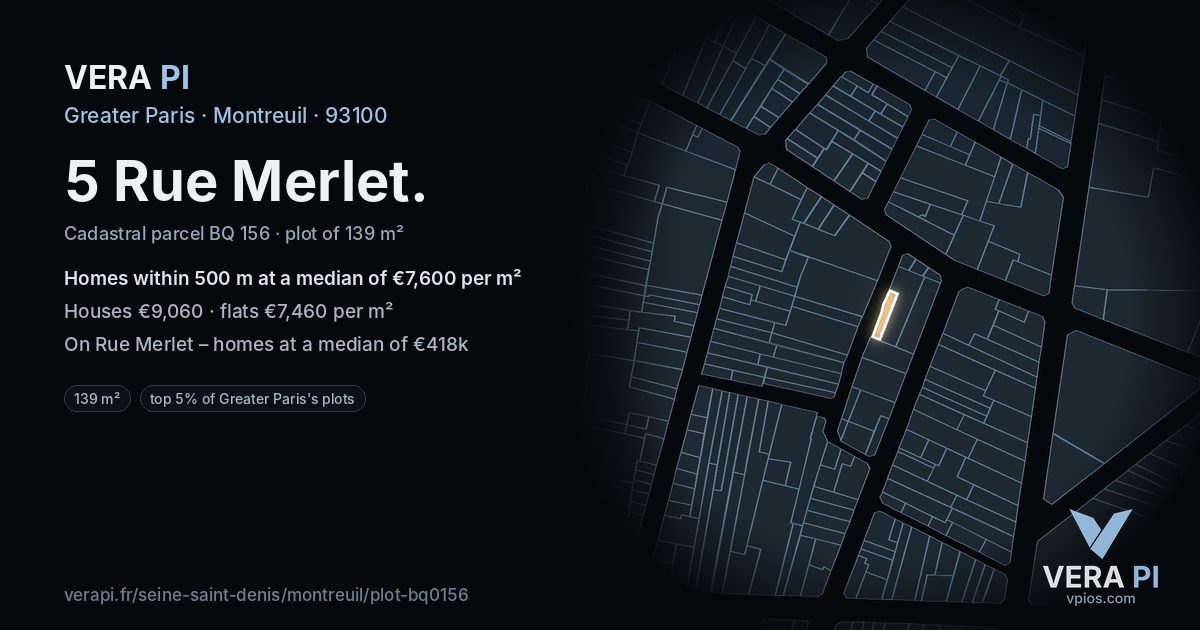 5 Rue Merlet, Montreuil at night – the plot lit, the parcels around coloured by the prices near them