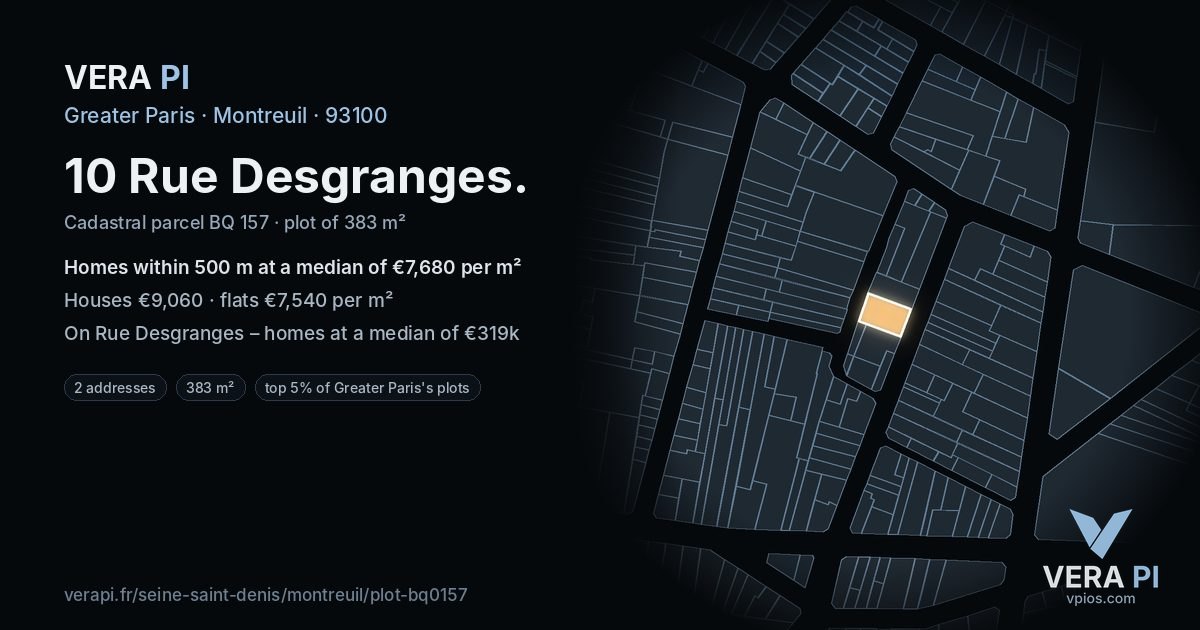 10 Rue Desgranges, Montreuil at night – the plot lit, the parcels around coloured by the prices near them