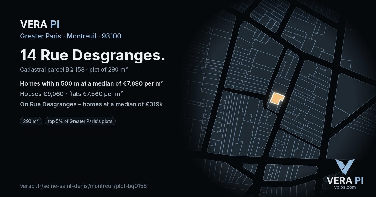 14 Rue Desgranges, Montreuil at night – the plot lit, the parcels around coloured by the prices near them