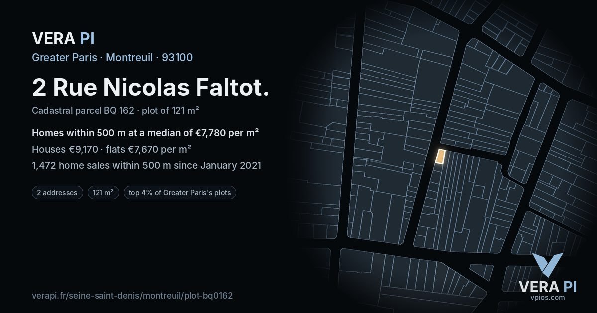 2 Rue Nicolas Faltot, Montreuil at night – the plot lit, the parcels around coloured by the prices near them