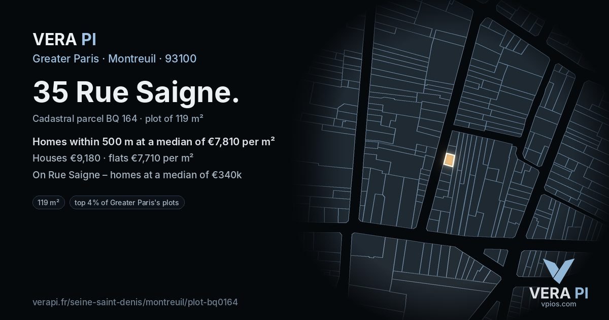 35 Rue Saigne, Montreuil at night – the plot lit, the parcels around coloured by the prices near them