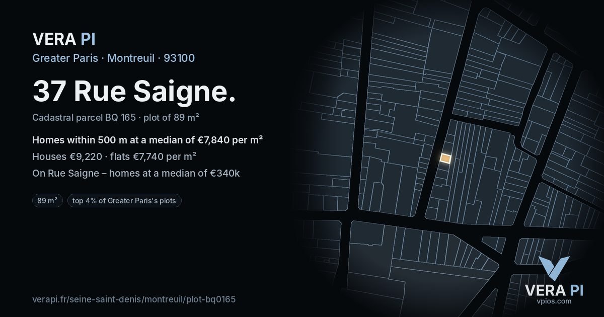 37 Rue Saigne, Montreuil at night – the plot lit, the parcels around coloured by the prices near them