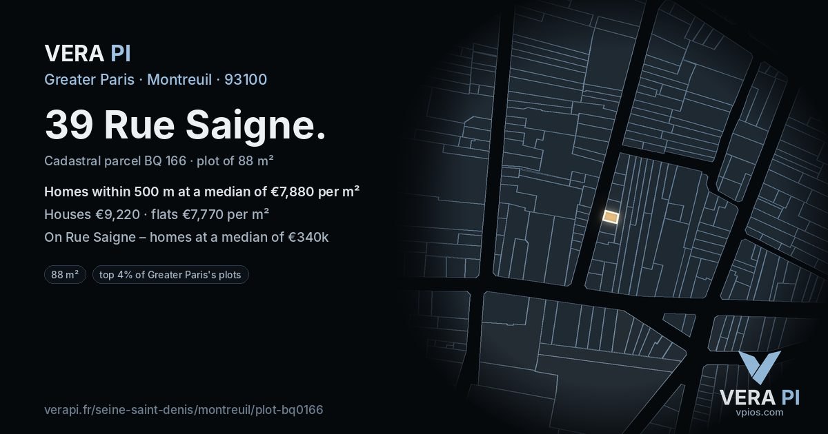 39 Rue Saigne, Montreuil at night – the plot lit, the parcels around coloured by the prices near them