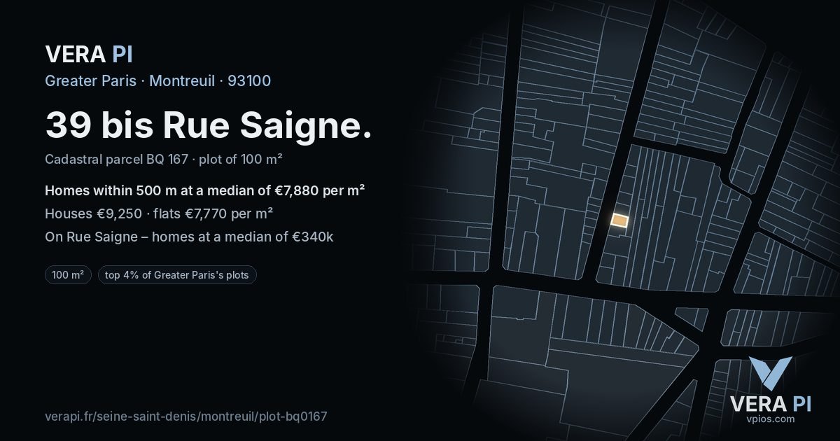 39 bis Rue Saigne, Montreuil at night – the plot lit, the parcels around coloured by the prices near them