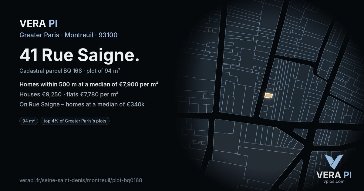 41 Rue Saigne, Montreuil at night – the plot lit, the parcels around coloured by the prices near them