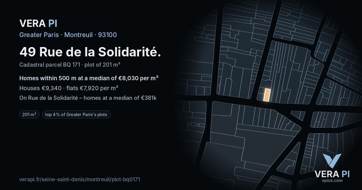 49 Rue de la Solidarité, Montreuil at night – the plot lit, the parcels around coloured by the prices near them